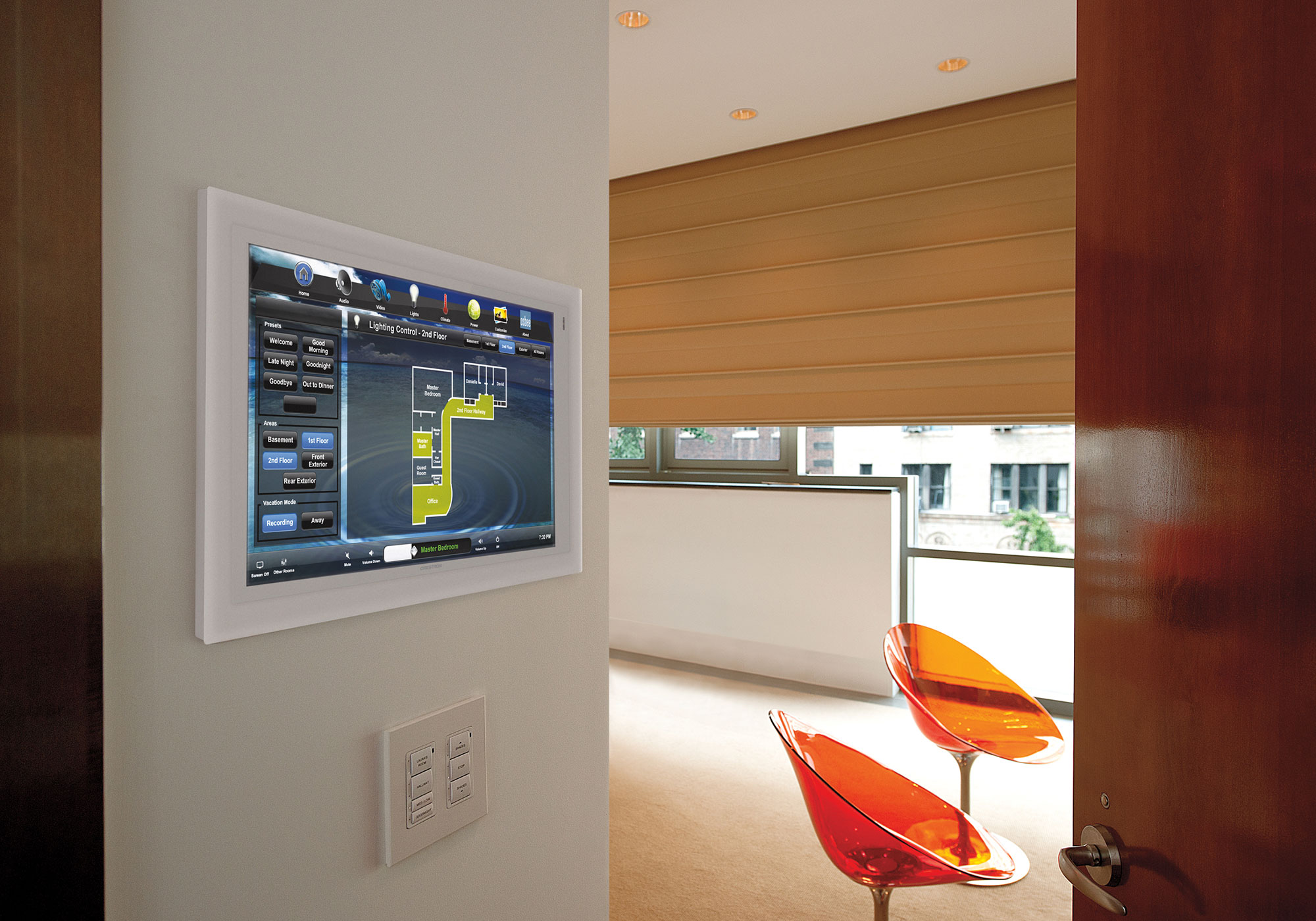 Bedroom, touchscreen, wall-mount touchscreen, lighting screen, keypad, presets. roman shades, romans, motorized