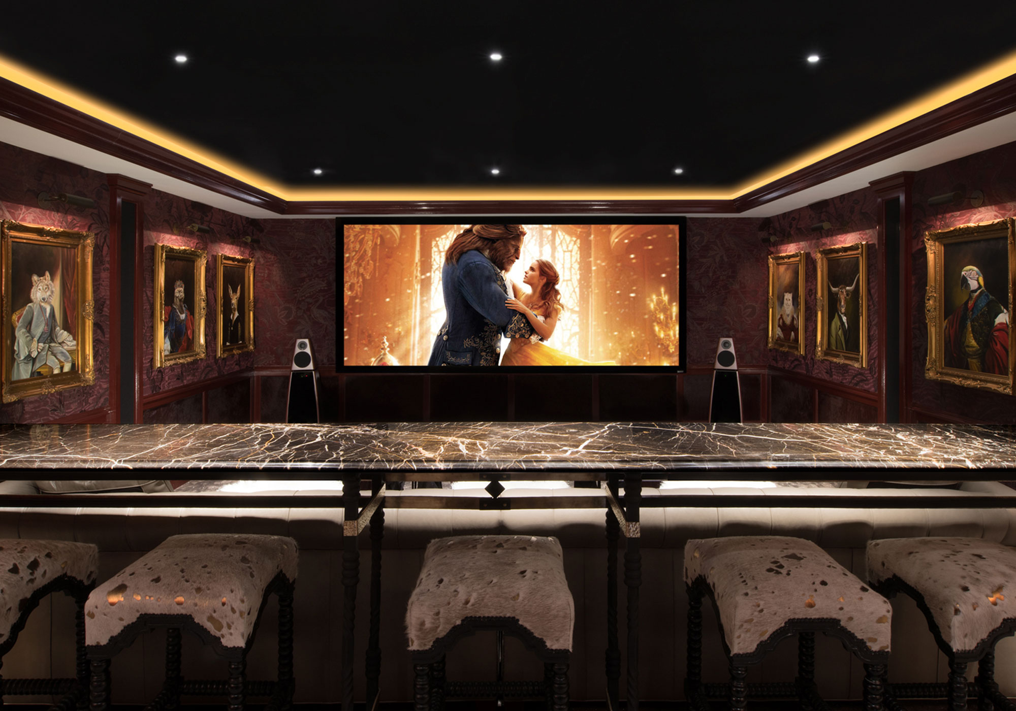 Theater, projection system, movie screen, speakers, surround sound, freestanding, iPad, video screen, LED lighting, alcove, surround sound,