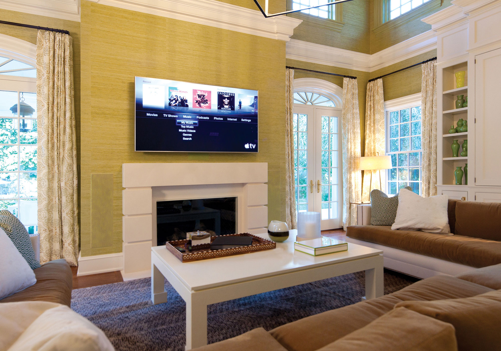 family room, living room, TV, speakers, in-wall speakers