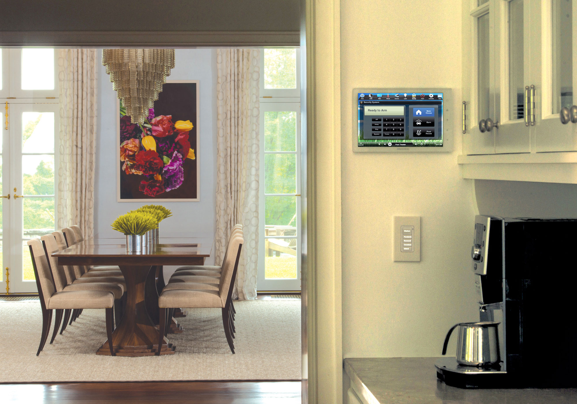 kitchen, dining room, touchscreen, wall-mount touchscreen, alarm screen, keypad