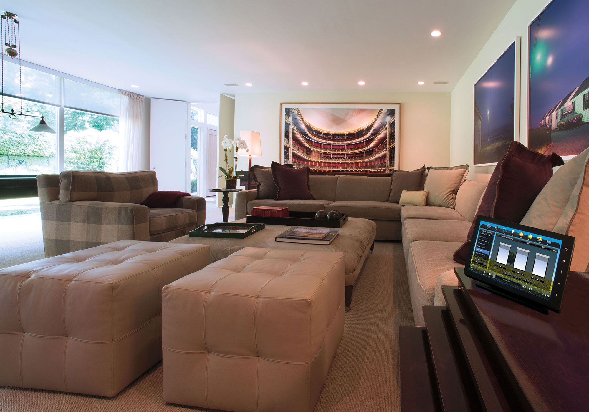 living room, touchscreen, tabletop touchscreen, shades screen, shades, solar shades, draperies, motorized, shades screen