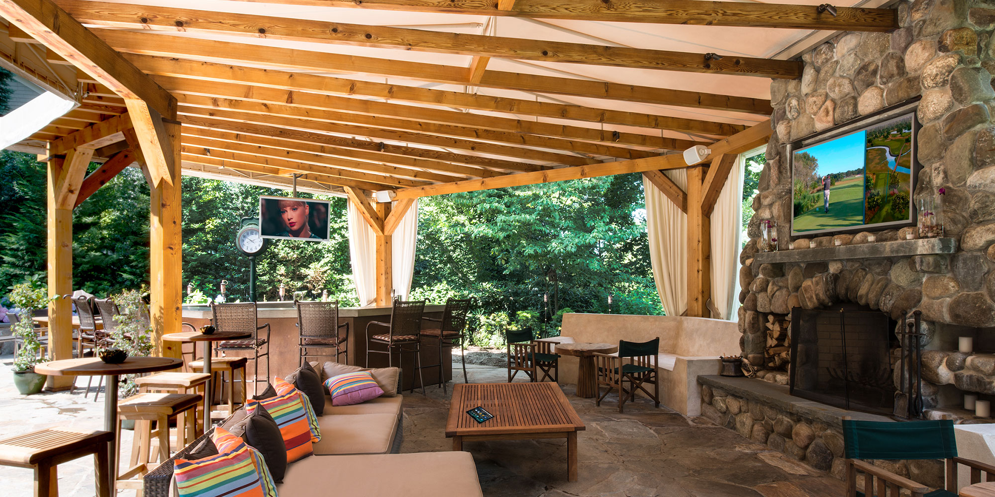 patio, TV, waterproof tv, speakers, waterproof speakers, fireplace, outdoor