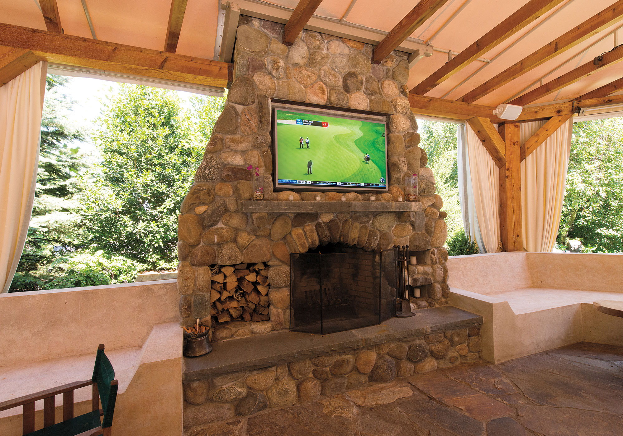 patio, TV, waterproof tv, speakers, waterproof speakers, fireplace, outdoor