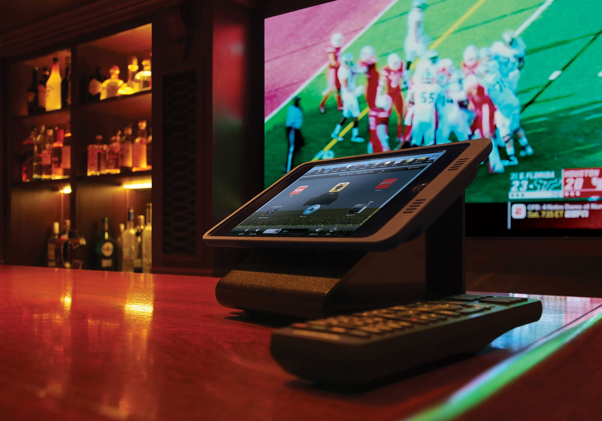 sports bar, tv, touchscreen, tabletop touchscreen, video screen, handheld remote