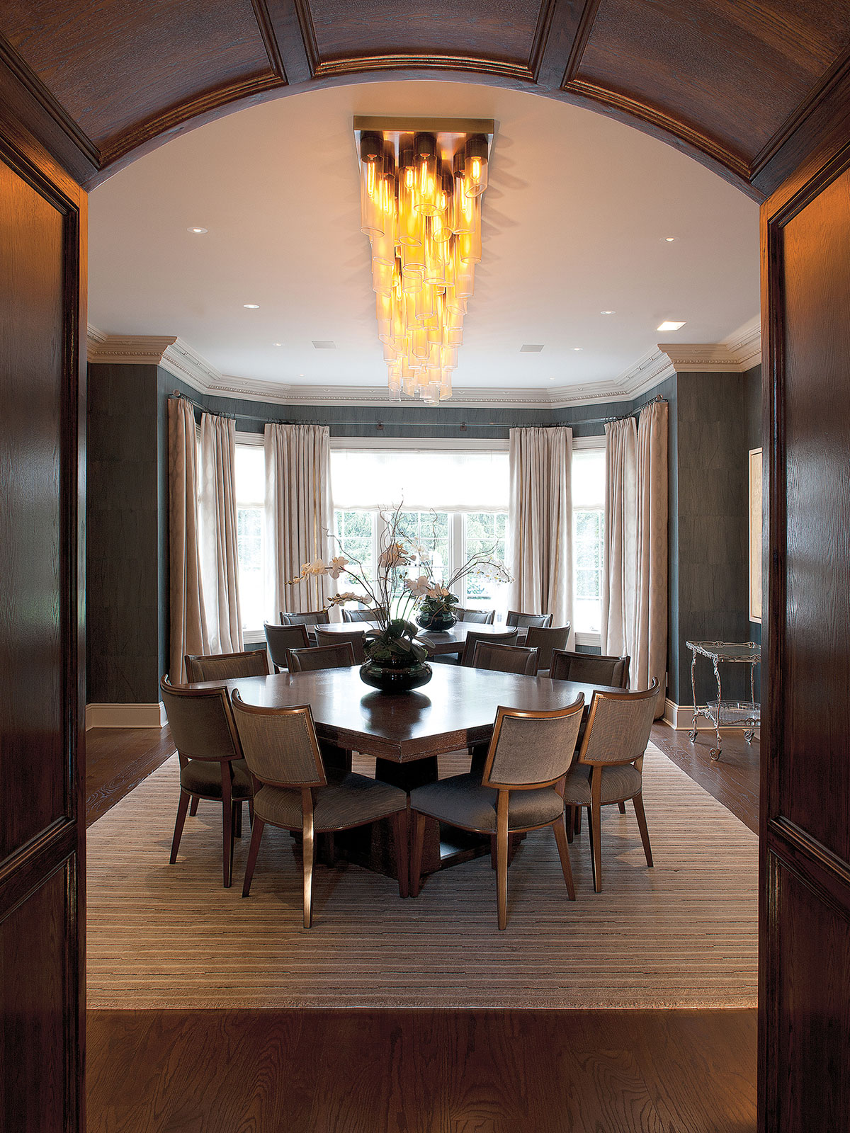 dining room, lighting, solar shades, draperies, motorized