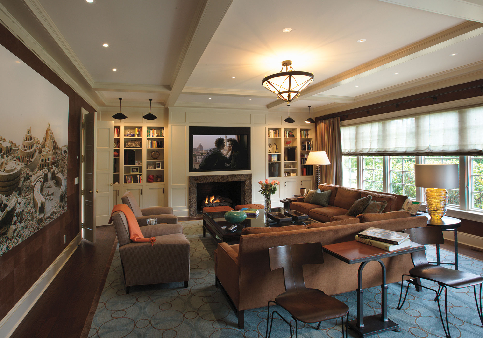 living room, media room, TV, draperies, roman shades, romans, motorized