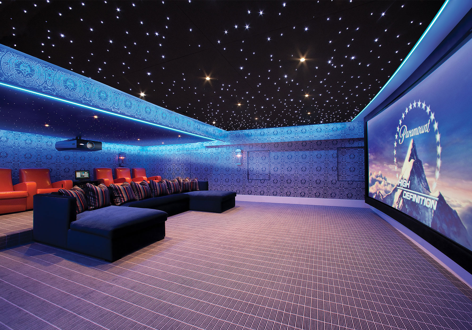 Theater, projection system, movie screen, LED, alcove lighting, star ceiling, surround sound