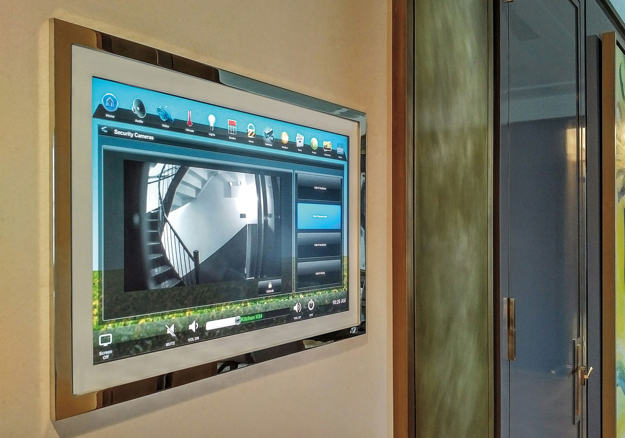 Hallway, touchscreen, wall-mount touchscreen, cameras screen, brass, finishes