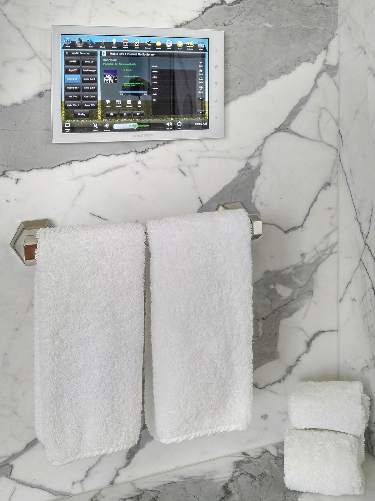 bathroom, touchscreen, wall-mount touchscreen, audio screen