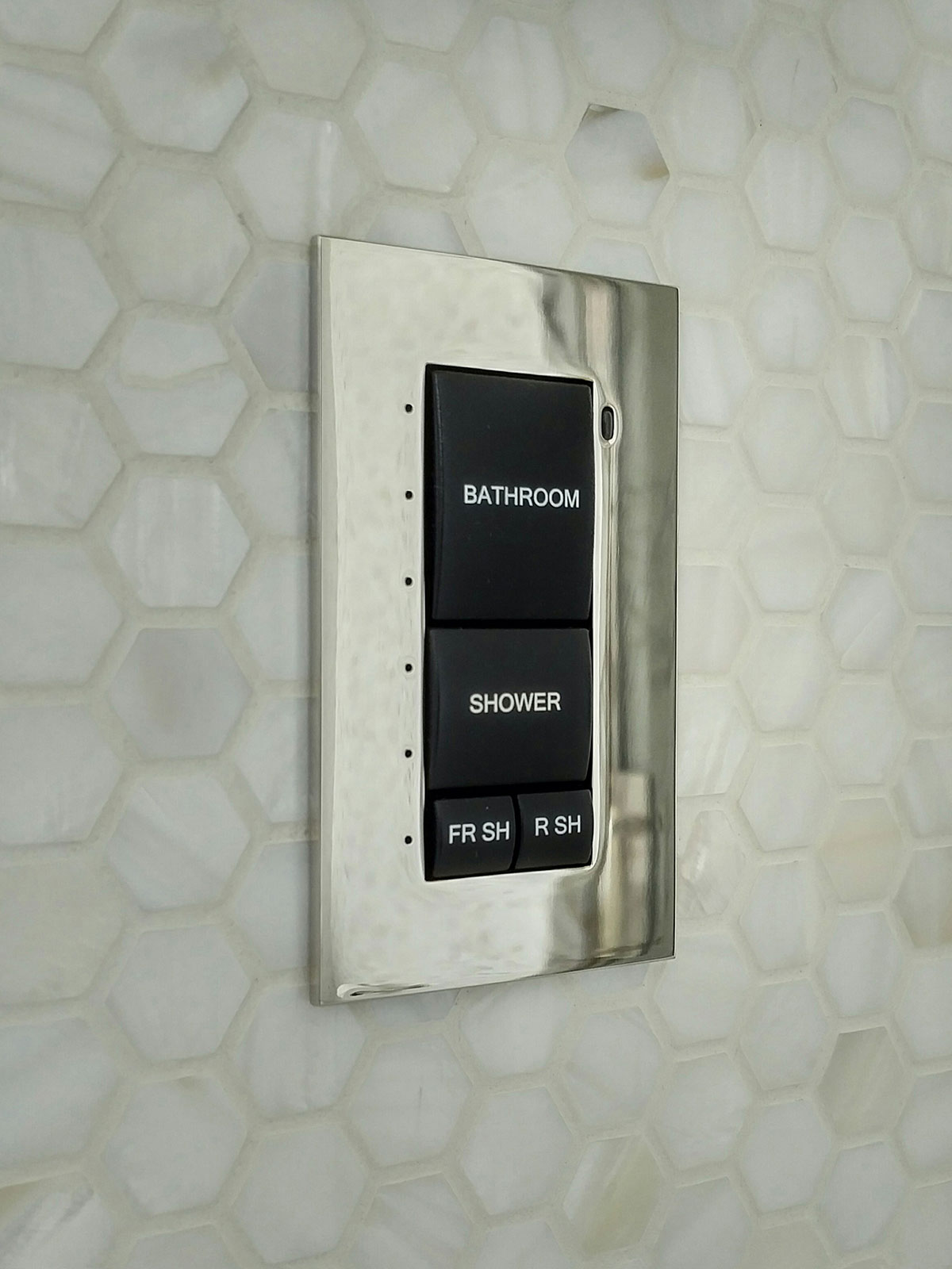 bathroom, keypad, presets, chrome, metal, lighting, shades, finishes